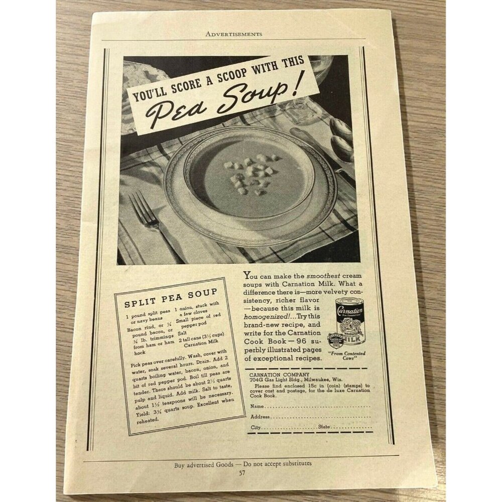 Carnation Milk Vintage Print Ad 30s Dairy Advertising Split Pea Soup Recipe